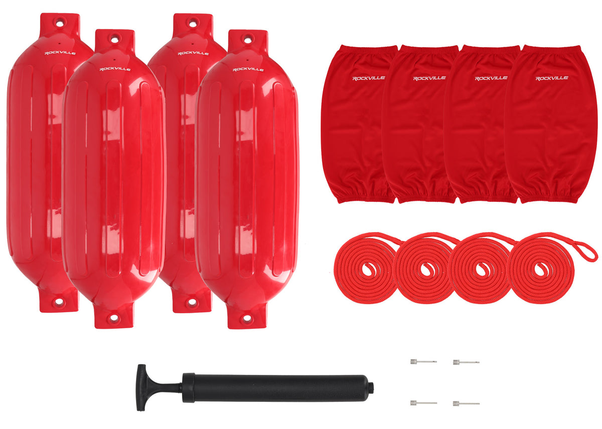 Rockville FEN410-RED Boat Fender Package 4 Bumpers 10"x30", 4 Covers, 4 Lines