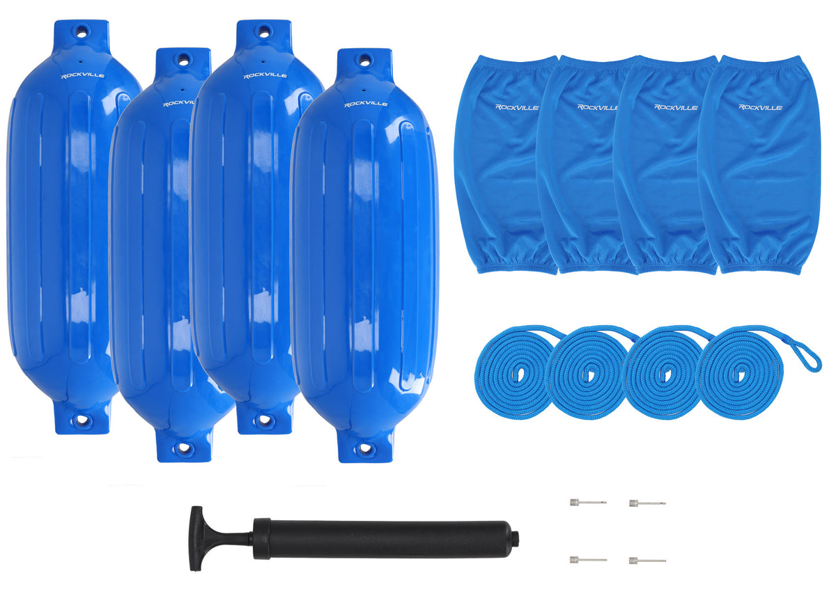 Rockville FEN410-BLUE Boat Fender Package 4 Bumpers 10"x30", 4 Covers, 4 Lines