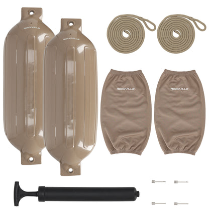 Rockville FEN210-SAND Boat Fender Package 2 Bumpers 10"x30", 2 Covers, 2 Lines