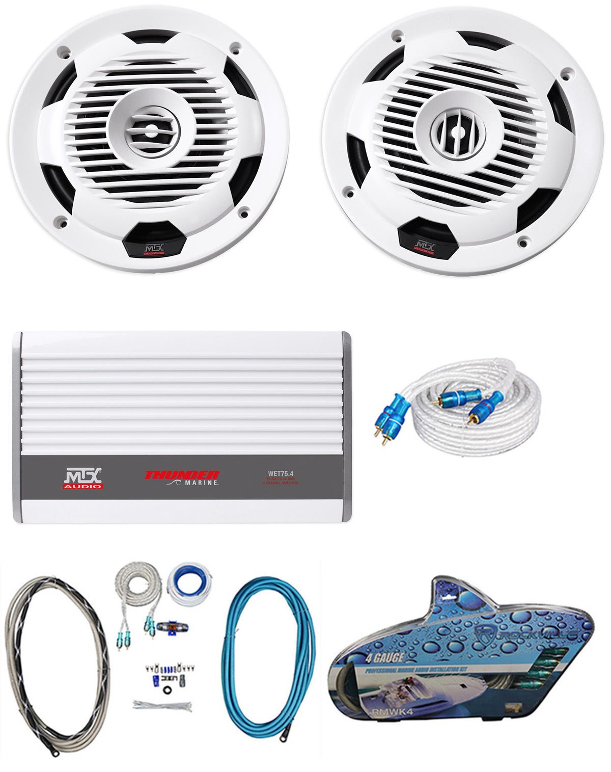 Pair MTX Audio WET77-W 7.7" 300 Watt Marine Boat Speakers+4-Channel Amp+Wires