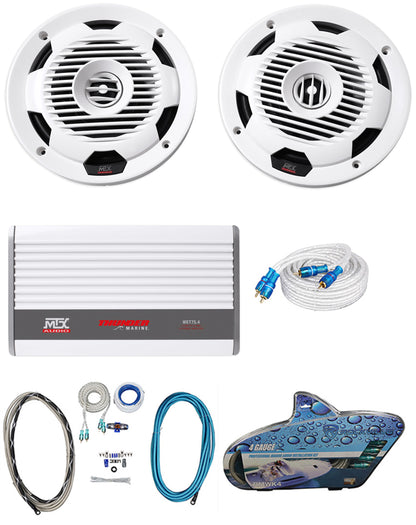 Pair MTX Audio WET77-W 7.7" 300 Watt Marine Boat Speakers+4-Channel Amp+Wires