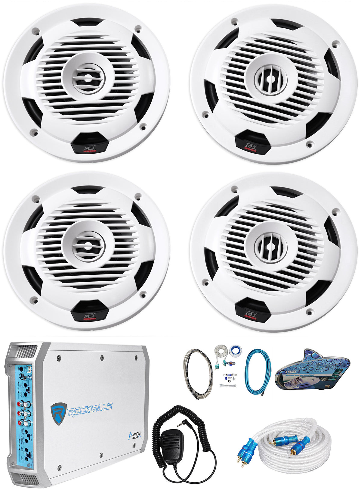Pair MTX Audio WET77-W 7.7" 300 Watt Marine Boat Speakers+4-Ch. Amplifier+Wires