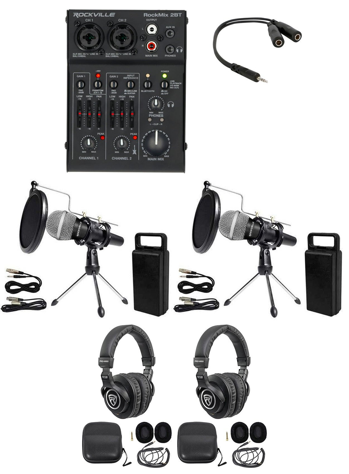 Rockville 2-Person Podcast Podcasting Recording Kit w/Mics+Stands+Headphones