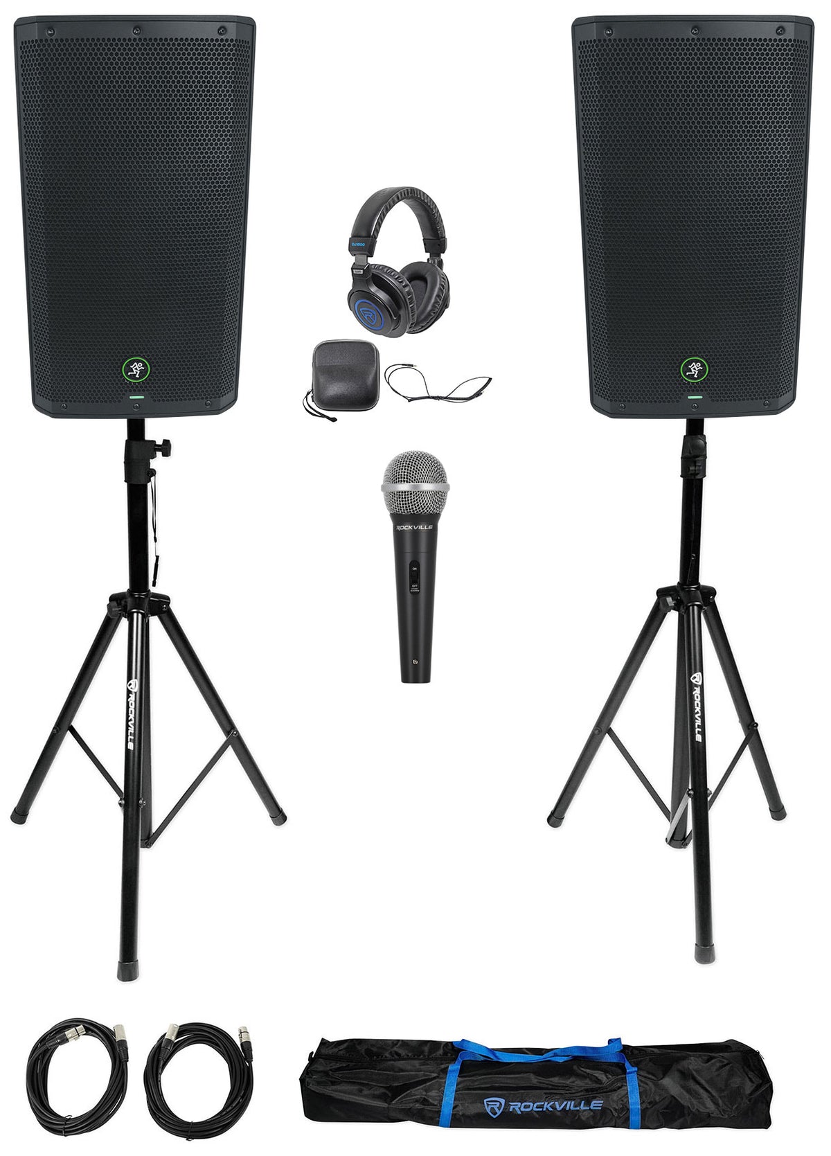 DJ Package w/2) Mackie Thrash212 GO 12" PA Speakers+Mic+Headphones+Stands+Cables