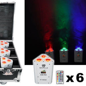 Rockville RF WEDGE PACK WHITE (6) Battery Wireless DJ Wash Lights+RF Remote+Case