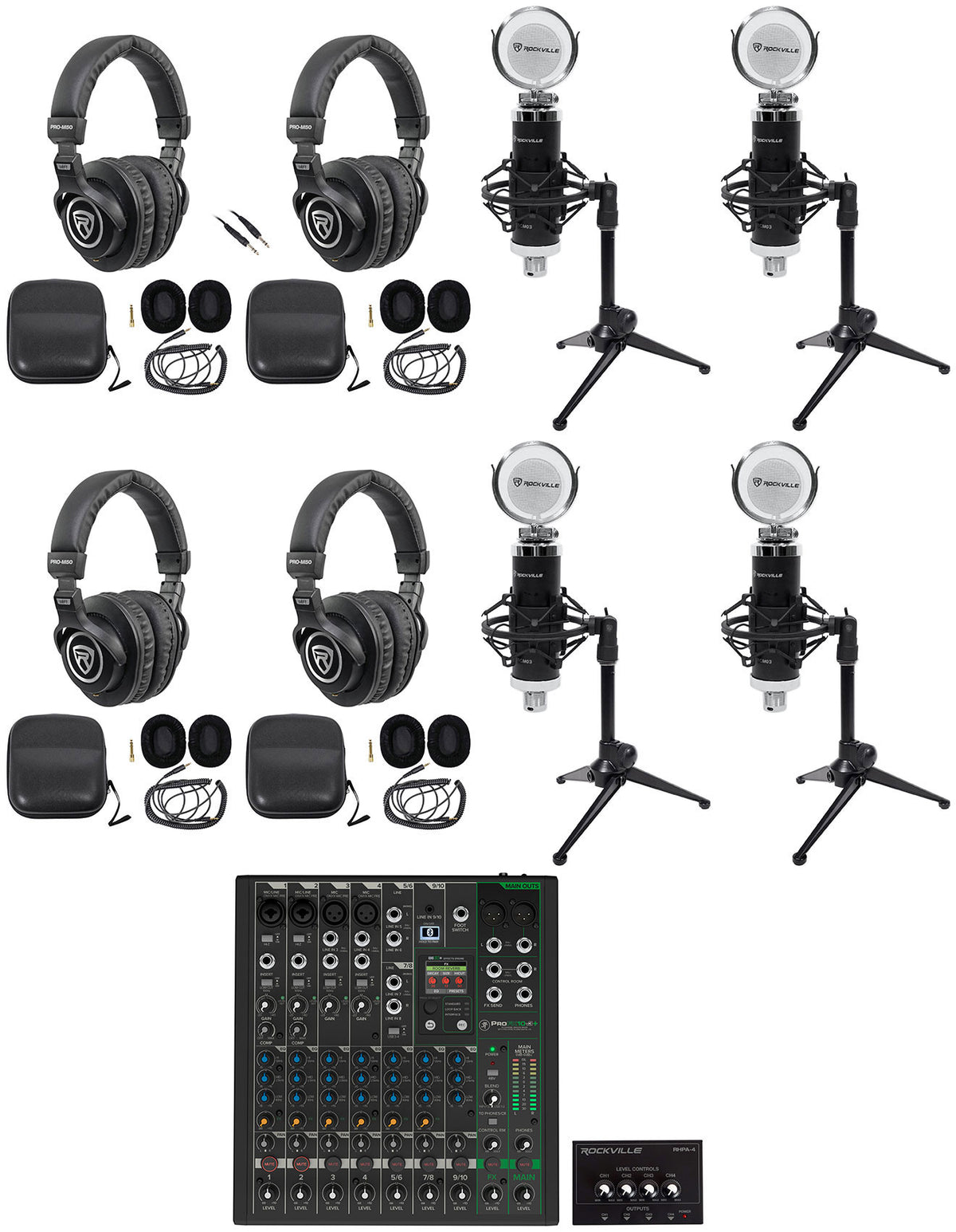 4-Person Podcast Recording Kit with ProFX10v3+ Mixer and Desk Stands