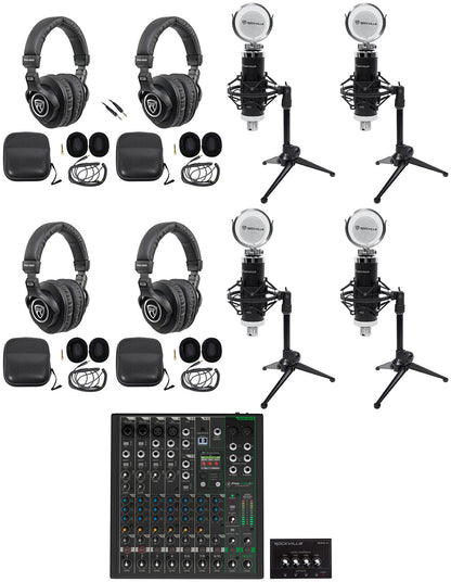 4-Person Podcast Recording Kit with ProFX10v3+ Mixer and Desk Stands