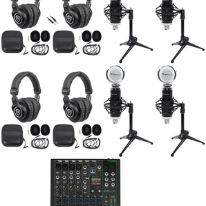 4-Person Podcast Podcasting Recording Kit w/Mackie ProFX10 v3+ Mixer+Desk Stands
