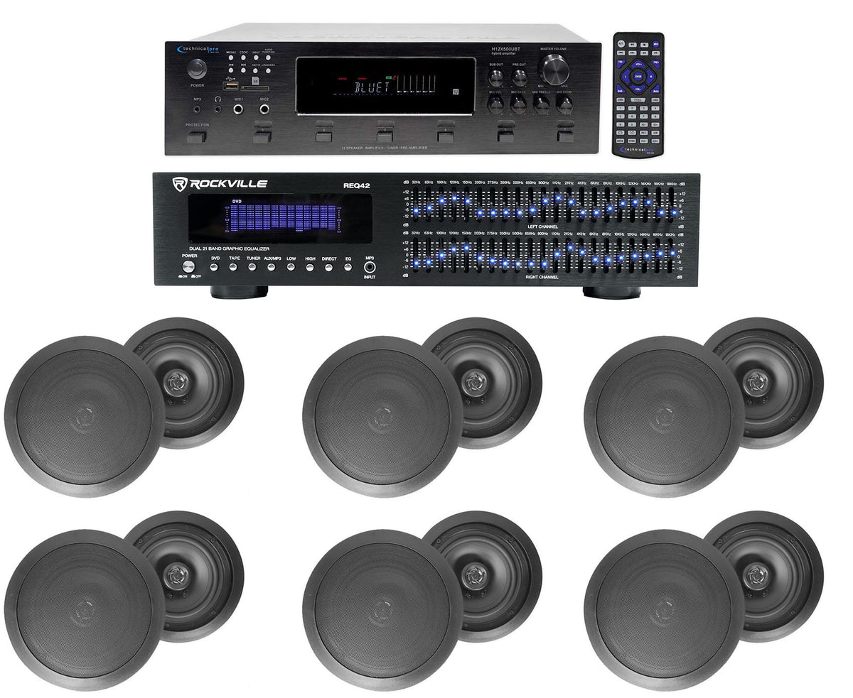 6-Zone Receiver with (6) Pairs of Black 8" In-Ceiling Speakers, Commercial Package