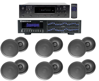 6-Zone Receiver with (6) Pairs of Black 8" In-Ceiling Speakers, Commercial Package
