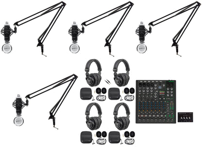 4-Person Podcast Recording Kit with ProFX10v3+ Mixer and Boom Arms