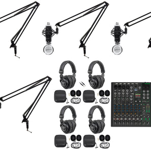 4-Person Podcast Podcasting Recording Kit w/Mackie ProFX10 v3+ Mixer+Boom Arms