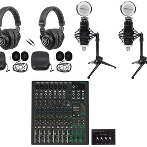 2-Person Podcast Podcasting Recording Kit w/Mackie ProFX12 v3+ Mixer+Desk Stands
