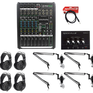 Podcast Studio Bundle w/Mackie 8-Ch Mixer+4) Mics+4) Samson Headphones+4) Booms