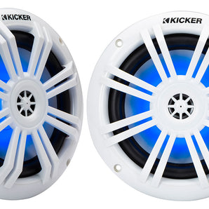 (2) Kicker 49KM604WL KM60 6.5" 50w Marine Boat Speakers White w/Blue LED KM604WL