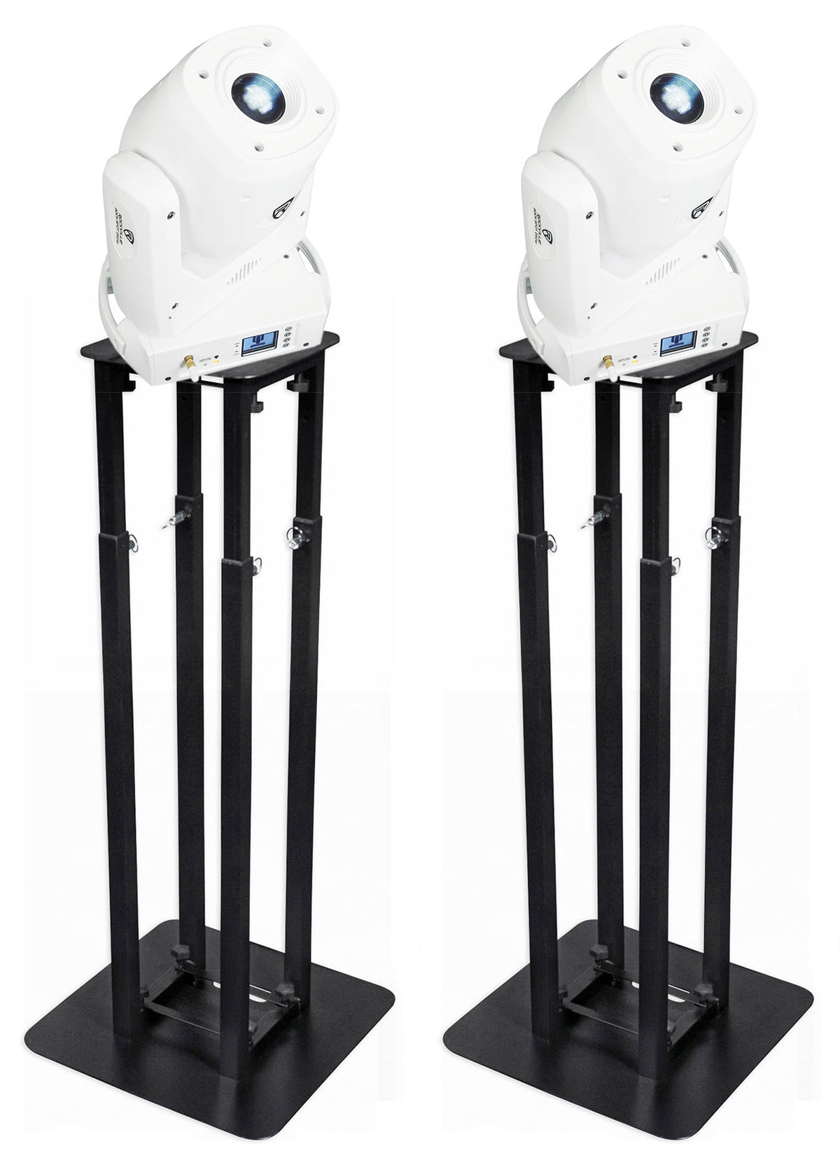(2) ROCK SPOT 260W WHITE Moving Head Lights + 8 Ft Black Totem Stands