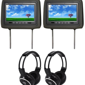 Pair Of TView T921PL 9" Gray Headrest Car Video Monitors + 2 Wireless Headsets