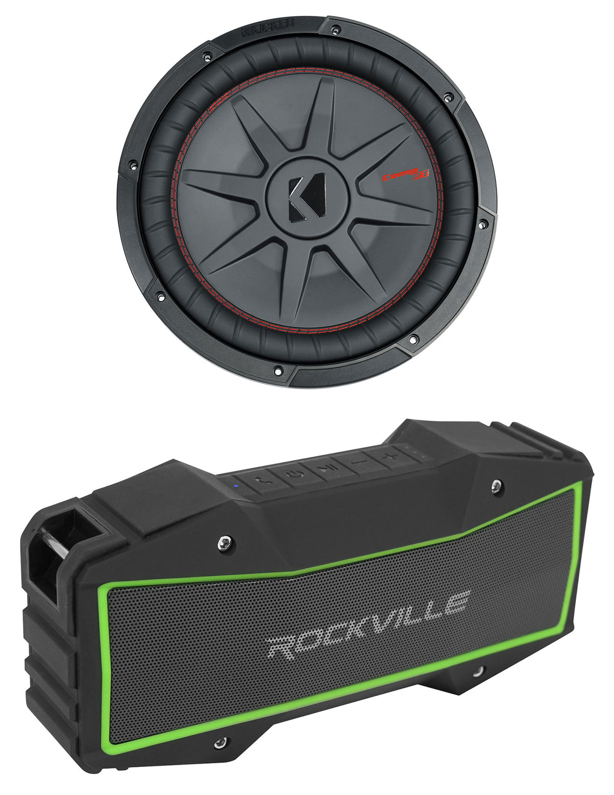 CompRT 1000W 12" Shallow Subwoofer + ROCK EVERYWHERE Portable Bluetooth Speaker
