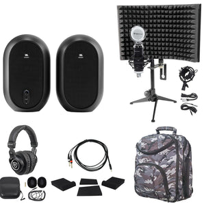 (2) JBL One Series 104 Studio Monitors+Pads+Headphones+Mic+Stand+Shield+CAMOPACK