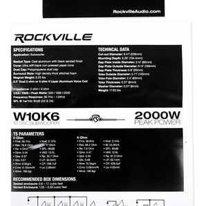 Rockville W10K6D4 V2 10" 2000 Watt Car Audio Subwoofer+Mono Amplifier+Amp Kit