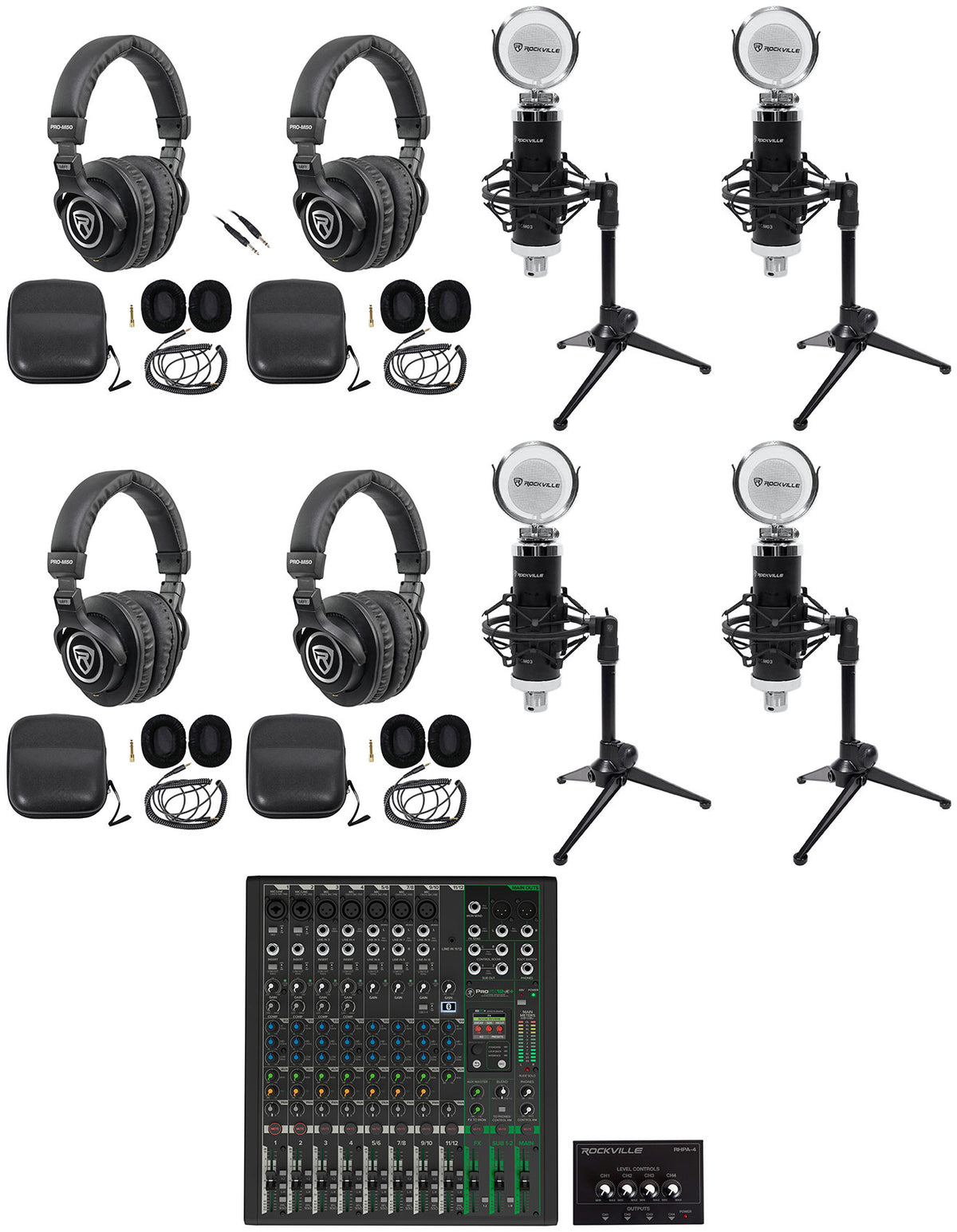 4-Person Podcast Recording Kit with ProFX12v3+ Mixer and Desk Stands