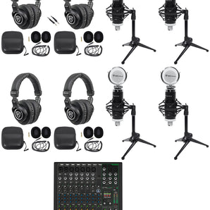 4-Person Podcast Podcasting Recording Kit w/Mackie ProFX12 v3+ Mixer+Desk Stands