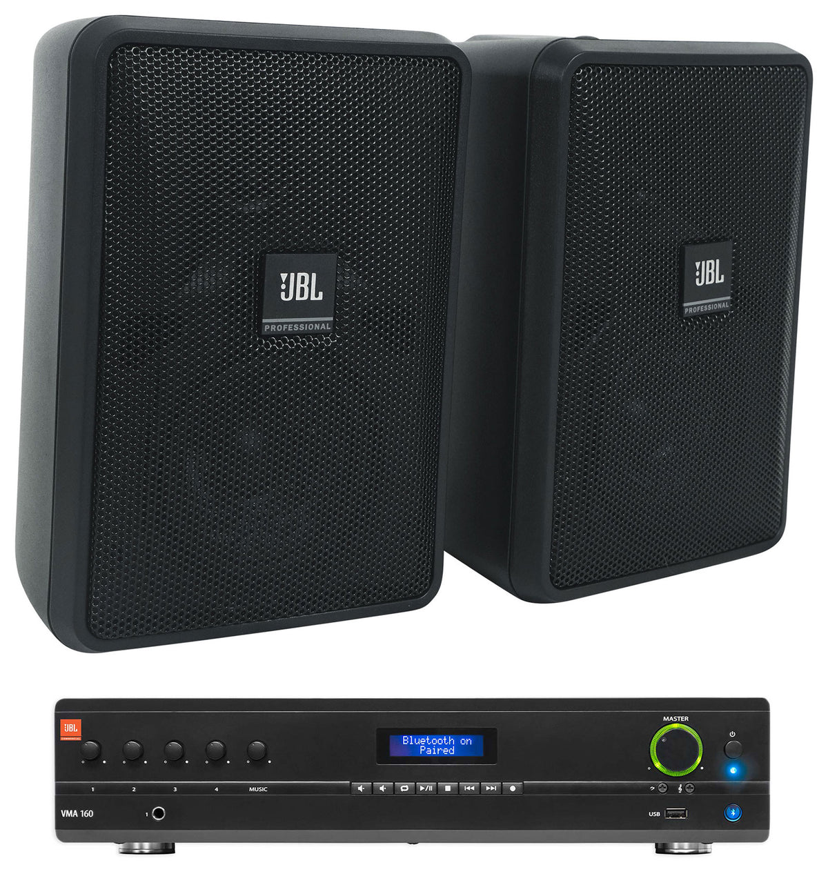 (2) JBL Control 23-1 Black 3" Indoor/Outdoor 70V Commercial Wall Speakers+Amp