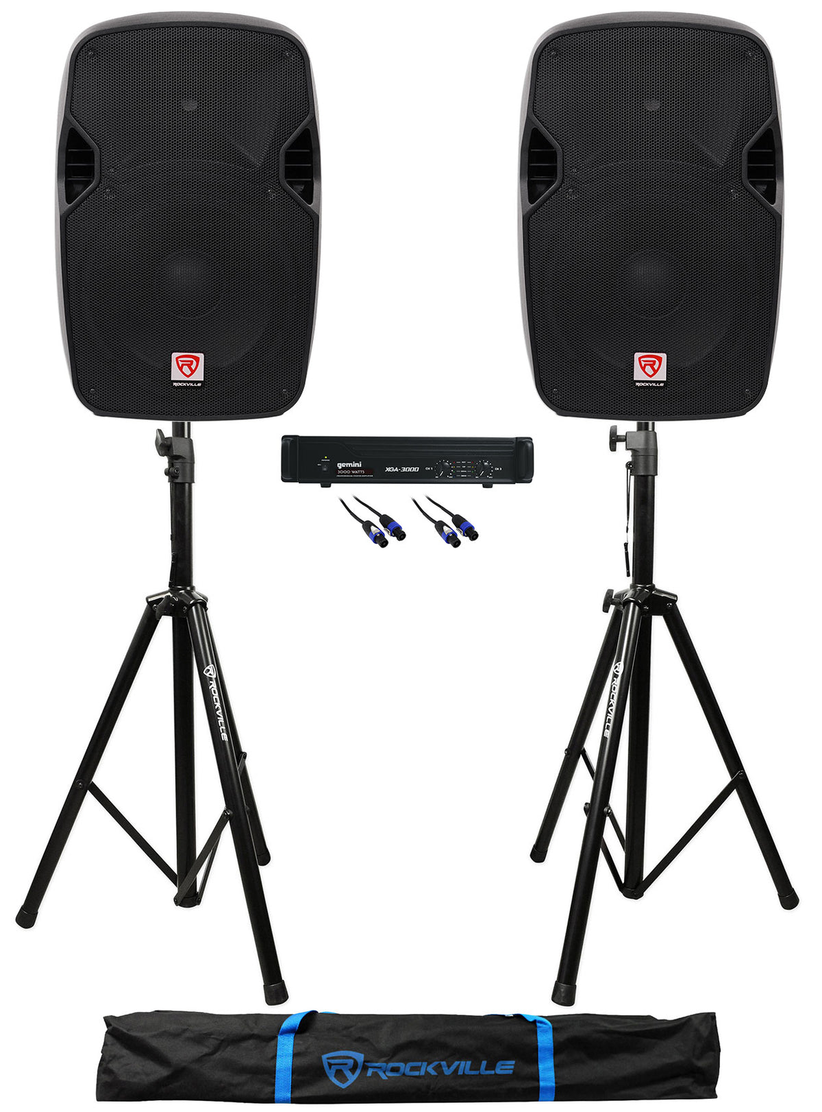 (2) SPGN124 12" 1200W DJ/Pro PA Speakers + Gemini Amplifier + Stands + Cables