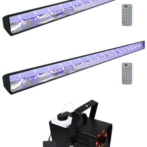 (2) American DJ ECO BAR UV DMX Ultraviolet LED Bar Black Lights w/Remotes+Fogger