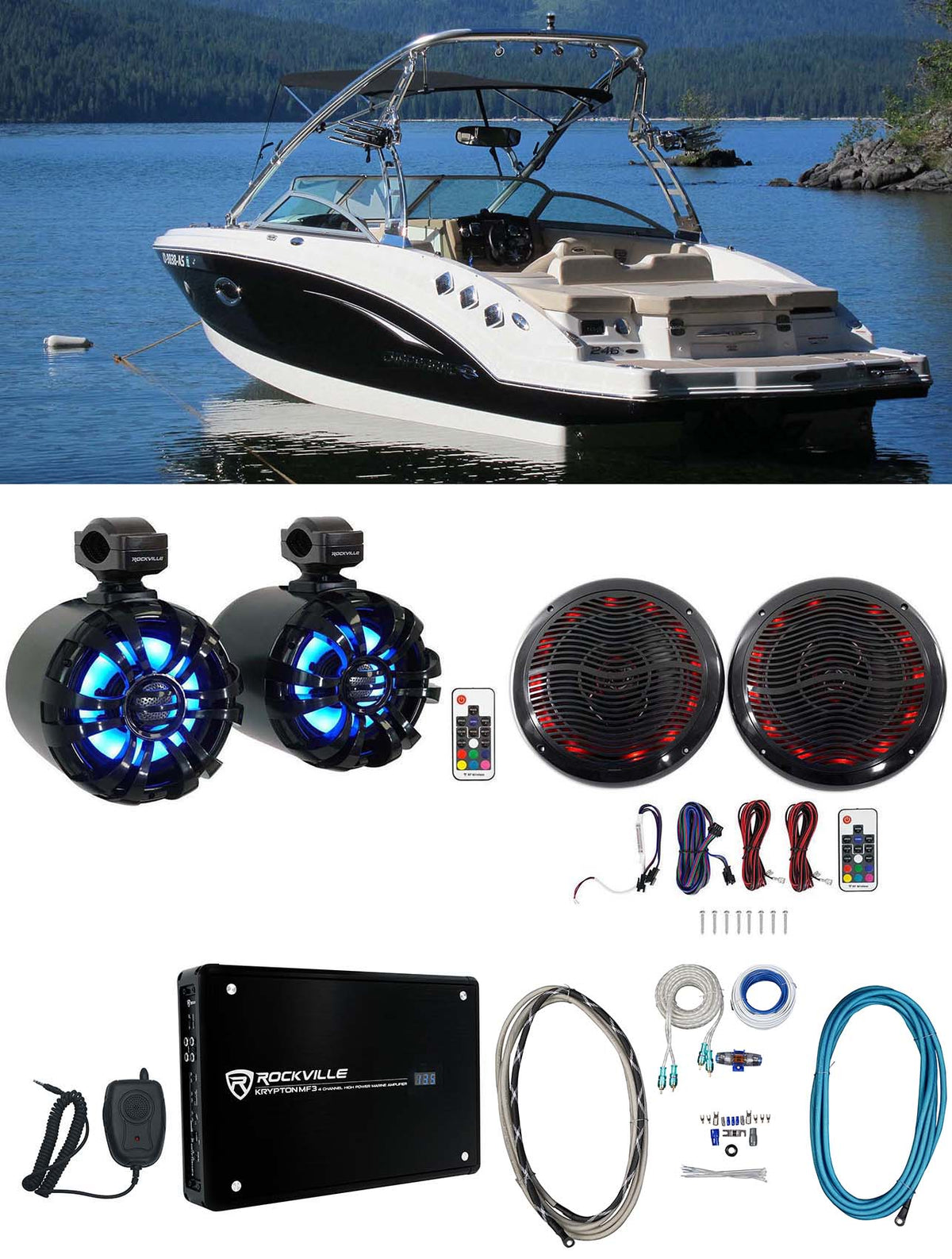 2) Rockville 6.5" LED Swivel Black Marine Wakeboard+Coaxial Speakers+Amp+Amp Kit