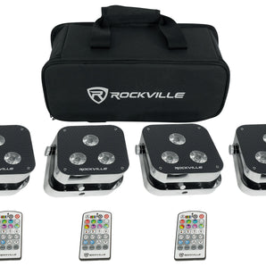 Rockville 4 PACK MINI RF3 Bright DJ Par Up Lights+Bag+RF Remotes+Wireless DMX