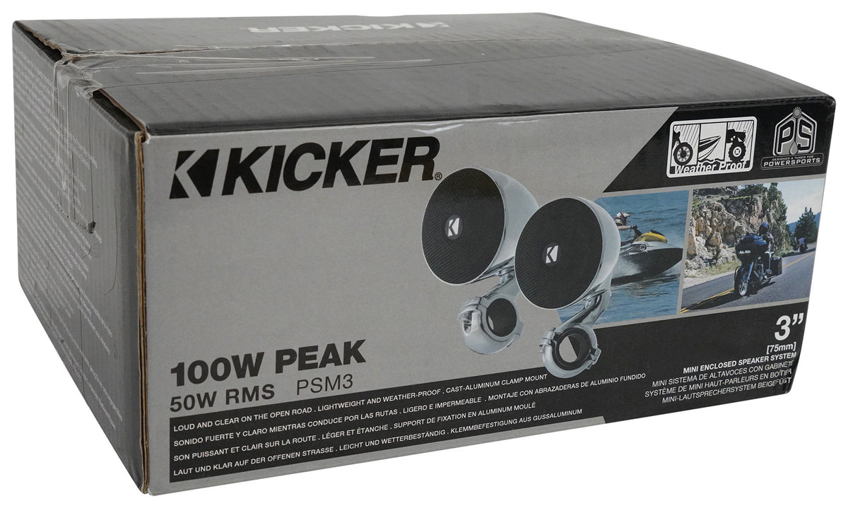 (2) Kicker 47PSM32 3" 100w PSM Motorcycle/ATV Handlebar Speakers in Chrome PSM32