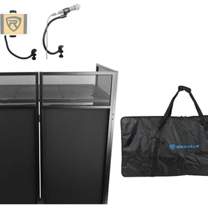 Rockville ROCKBOOTH DJ Booth Facade+Table+Bag+Scrims+Gooseneck Tablet+Mic Stand