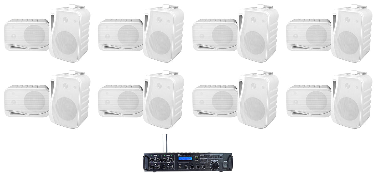 Rock Zone 8 Ch. Receiver+16) White 4" Wall Speakers For Restaurant/Bar