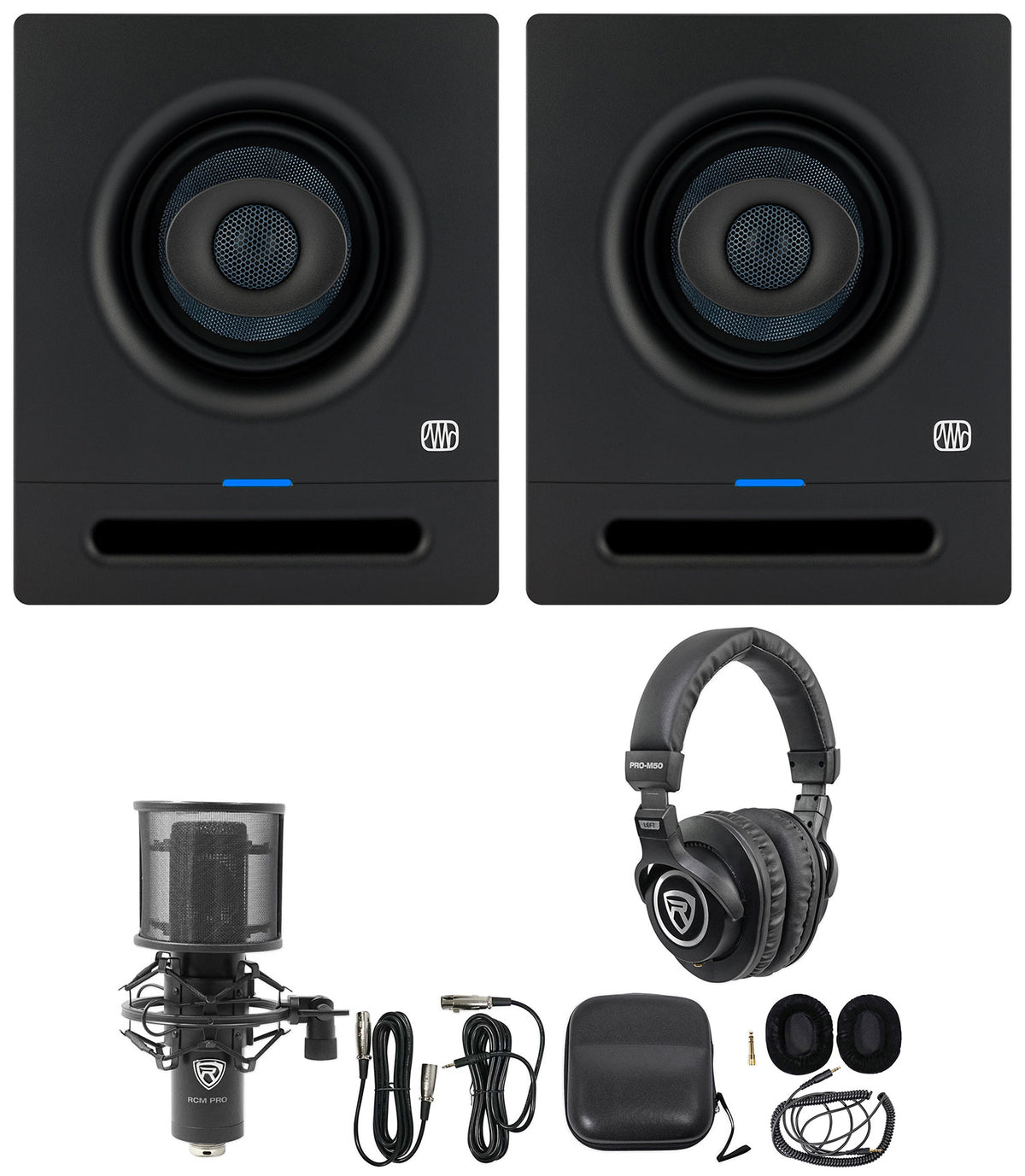 (2) Eris Pro 4 Studio Monitors + PRO-M50 Headphones + RCM PRO Microphone
