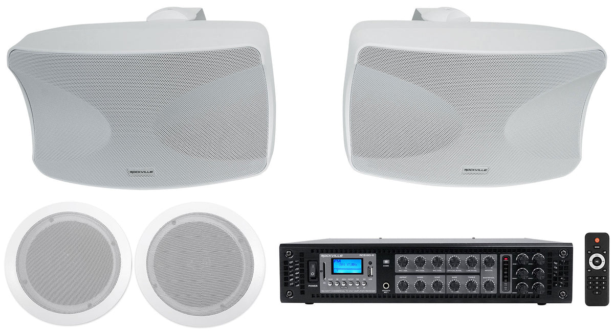 2 WET-44 PRO Wall Swivel + 2 In-Ceiling 70V White Speakers + Amp
