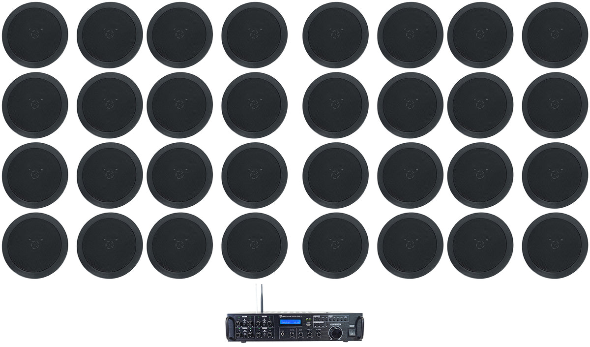 Rock Zone 8 Ch. Amplifier+(32) 5.25" Black Ceiling Speakers For Hotel