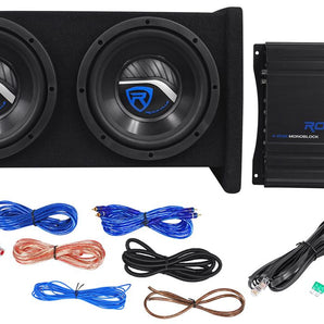 Rockville RV8.2A 800 Watt Dual 8 inch Car Subwoofer Enclosure+Mono Amplifier and Amp Kit