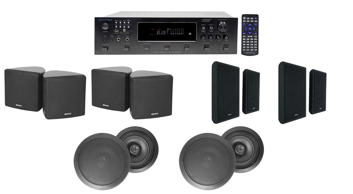 6-Zone Receiver, Black Cube, Wall & Black 8" Ceiling Spk for Restaurant/Bar/Cafe