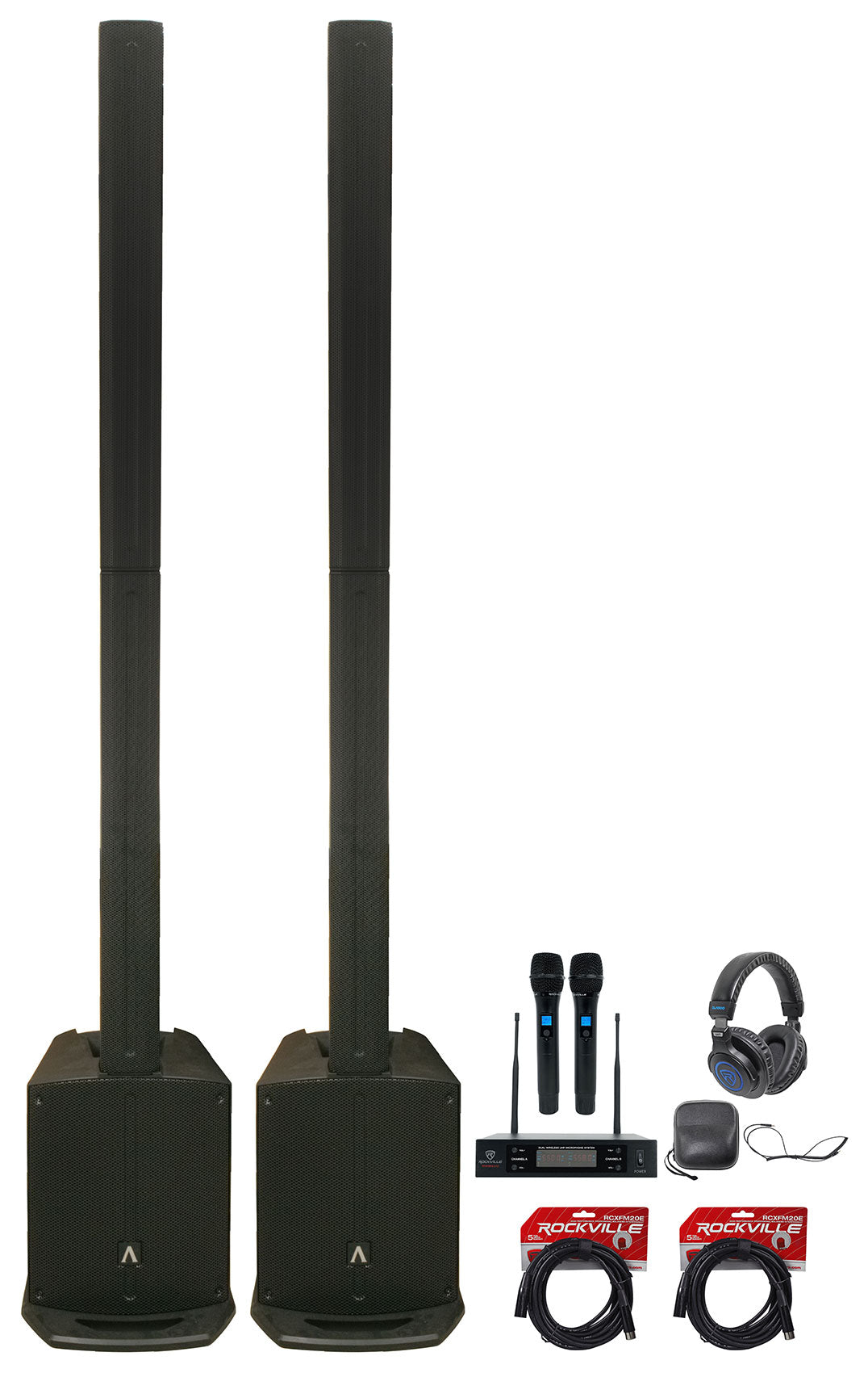 (2) AS8 1000W Line Array DJ PA Column Speakers w/ Mics + Headphones