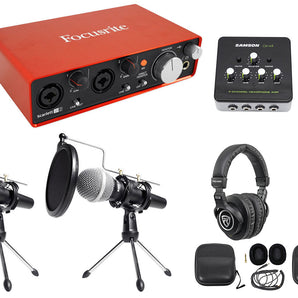 Focusrite Two Person Podcast Podcasting Package: Interface+2) Mics+2) Headphones