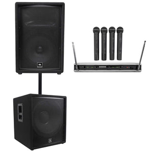 JBL JRX212 1000w 12" DJ P/A Speaker+18" 1400w Subwoofer+(4) Wireless Samson Mics