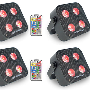 (4) Rockville MINI IR4 Black RGBWA+UV DJ Par Wash Up Lights+Wireless DMX+App