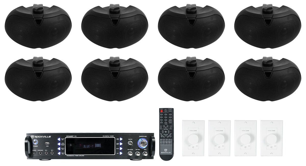 (8) 16 Ohm Dual 4" Black Outdoor Patio Speakers+Receiver+Controls