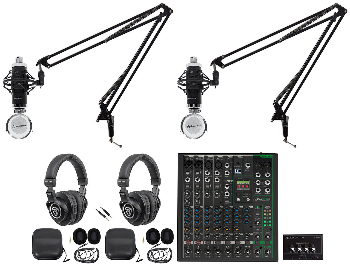 2-Person Podcast Recording Kit with ProFX10v3+ Mixer and Boom Arms