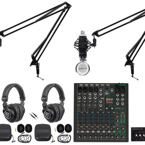 2-Person Podcast Podcasting Recording Kit w/Mackie ProFX10 v3+ Mixer+Boom Arms