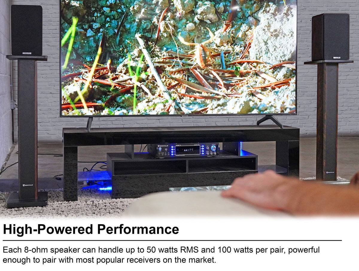 RockShelf 68D 400w Dark Wood 6.5" Bookshelf Speakers+36" Stands
