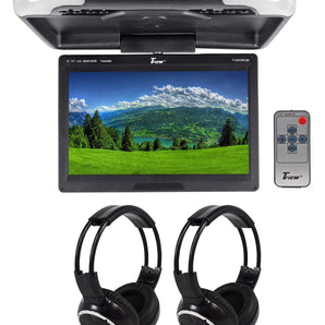 Tview T135FDIR-BK 13" Black Flip Down Car Video Monitor + 2 Wireless Headphones