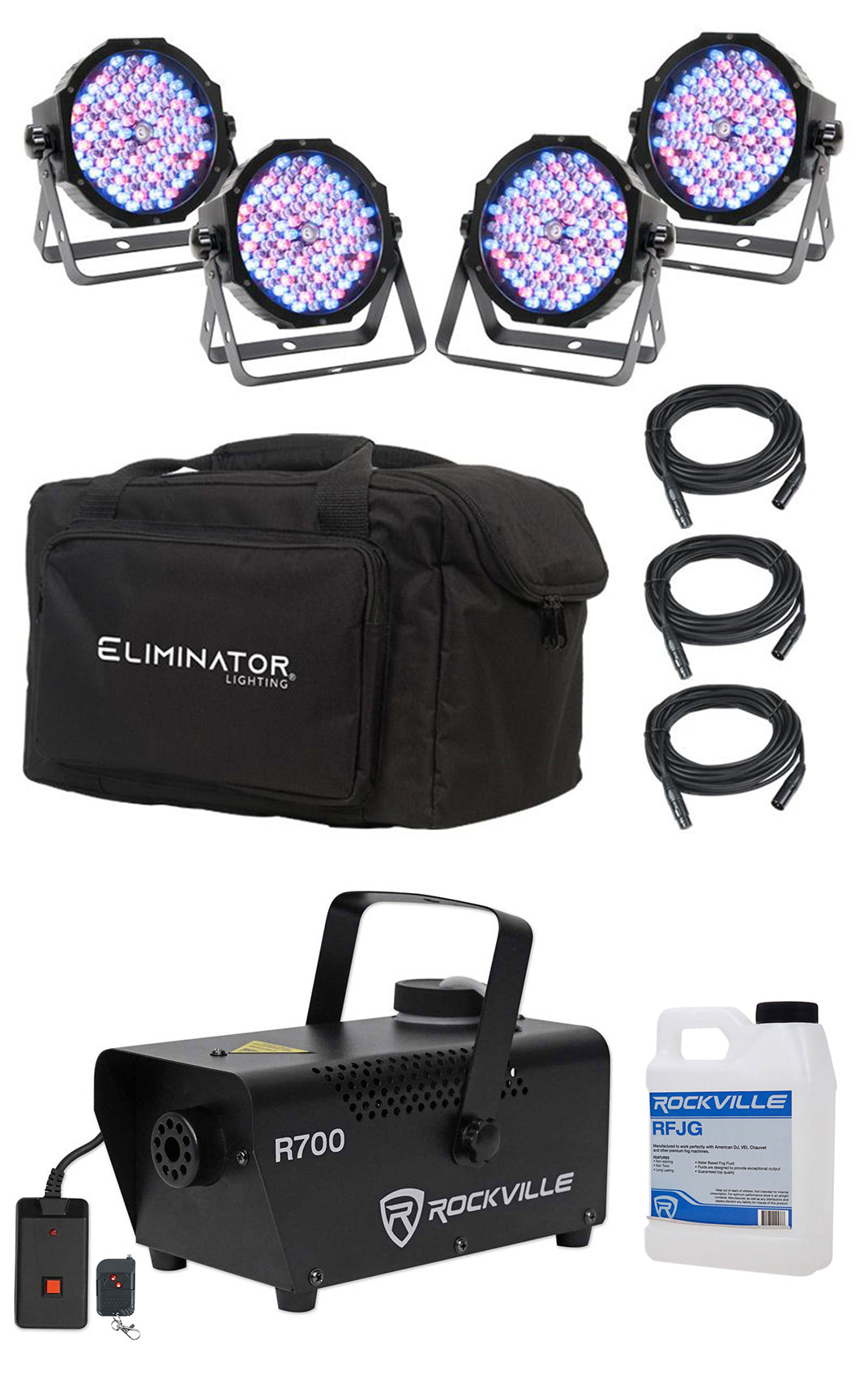 (4) Mega Flat PAK EP RGBUV Wash Lights+Bag+Fog Machine