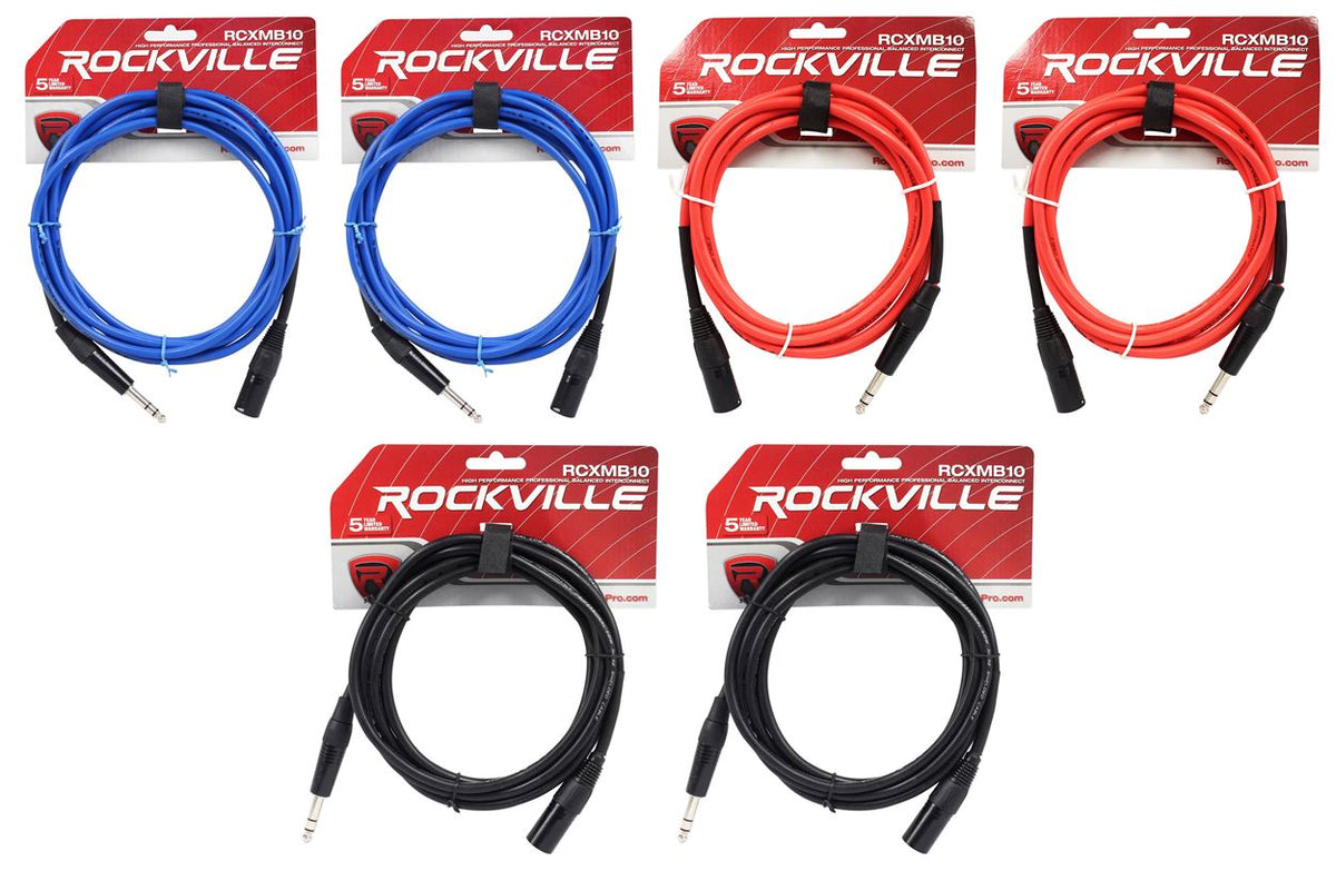 6 10' Male REAN XLR to 1/4'' TRS Cable (3 Colors x 2 of Each)